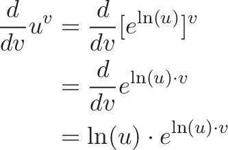 
\begin{aligned}
\frac{d}{dv} u^v &= \frac{d}{dv} [e^{\ln(u)}]^v \\
&= \frac{d}{dv} e^{\ln(u) \cdot v} \\ 
&=  \ln(u) \cdot e^{\ln(u) \cdot v}
\end{aligned}

